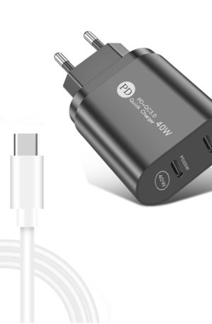 002 40W PD3.0 Dual Port USB-C / Type-C Charger with Type-C to Type-C Data Cable, EU Plug, EU Plug + Type-C to Type-C Cable