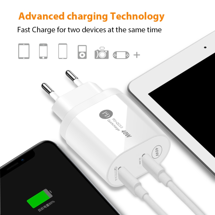 002 40W PD3.0 Dual Port USB-C / Type-C Charger with Type-C to Type-C Data Cable, EU Plug, EU Plug + Type-C to Type-C Cable 7 002 40W PD3.0 Dual Port USB-C / Type-C Charger with Type-C to Type-C Data Cable, EU Plug, EU Plug + Type-C to Type-C Cable - Image 7