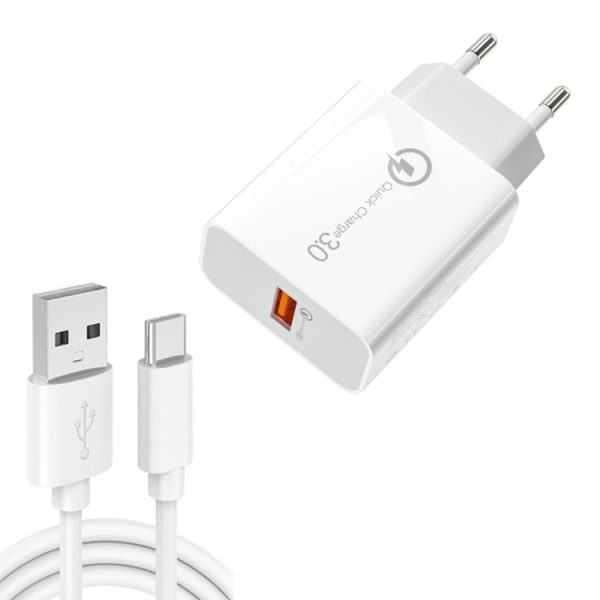 SYA001643101A-1.jpg APD-2003 18W QC3.0 Single Port USB Charger with 1m USB to Type-C Data Cable, EU Plug + USB to Type-C Cable, US Plug + USB to Type-C Cable