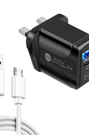 PD25W USB-C / Type-C + QC3.0 USB Dual Ports Fast Charger with USB to Micro USB Data Cable, UK Plug, UK Plug + USB to Micro USB Cable
