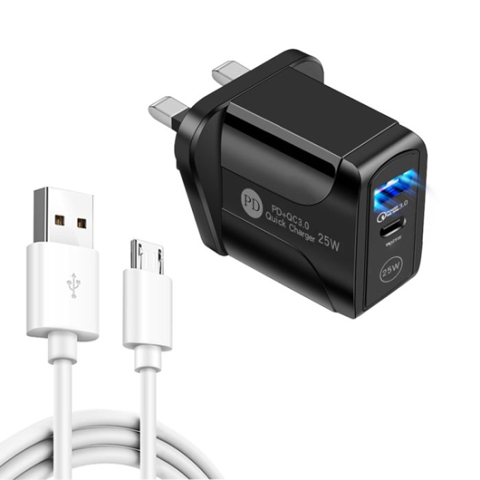 PD25W USB-C / Type-C + QC3.0 USB Dual Ports Fast Charger with USB to Micro USB Data Cable, UK Plug, UK Plug + USB to Micro USB Cable