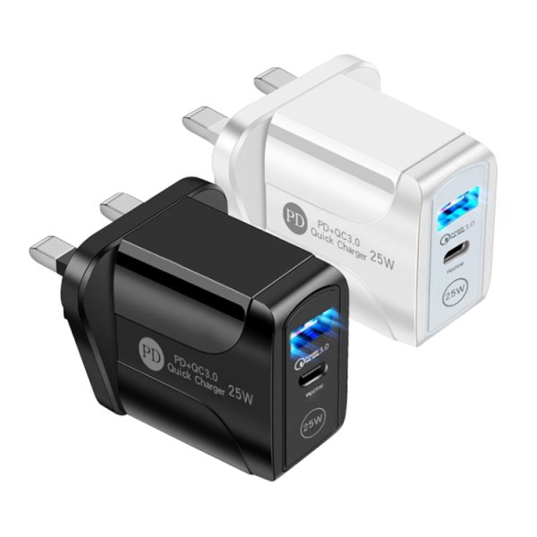 SYA001681601_B1.jpg PD25W USB-C / Type-C + QC3.0 USB Dual Ports Fast Charger with USB to Micro USB Data Cable, UK Plug, UK Plug + USB to Micro USB Cable