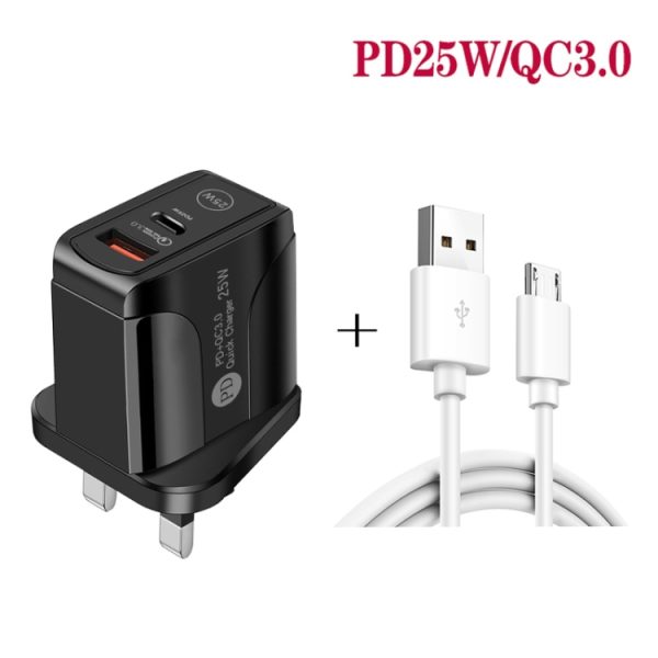 SYA001681601_B2.jpg PD25W USB-C / Type-C + QC3.0 USB Dual Ports Fast Charger with USB to Micro USB Data Cable, UK Plug, UK Plug + USB to Micro USB Cable