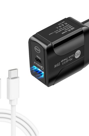 PD25W USB-C / Type-C + QC3.0 USB Dual Ports Fast Charger with USB to Type-C Data Cable, EU Plug, EU Plug + USB to Type-C Cable