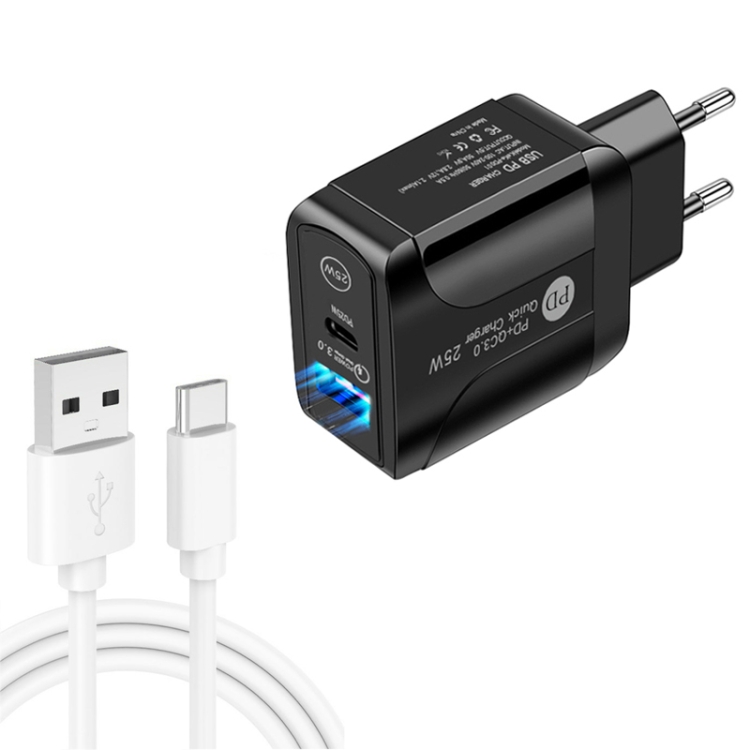 PD25W USB-C / Type-C + QC3.0 USB Dual Ports Fast Charger with USB to Type-C Data Cable, EU Plug, EU Plug + USB to Type-C Cable 1 PD25W USB-C / Type-C + QC3.0 USB Dual Ports Fast Charger with USB to Type-C Data Cable, EU Plug, EU Plug + USB to Type-C Cable