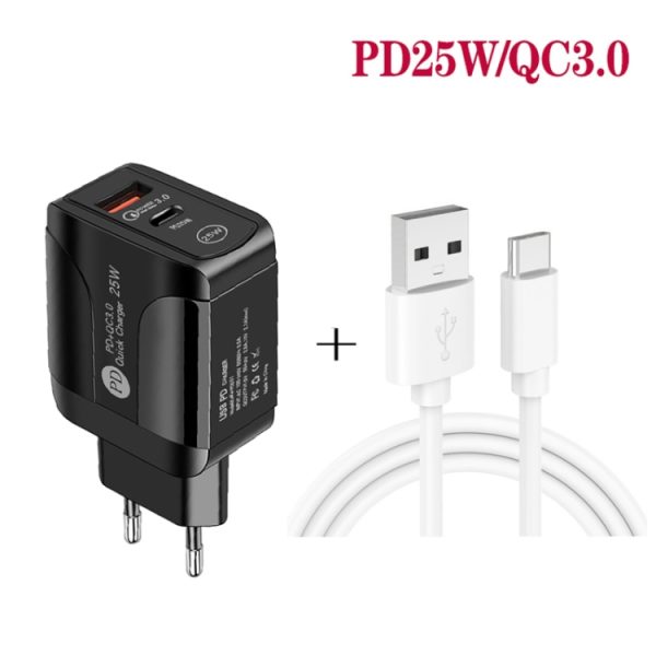 SYA001682001_B2.jpg PD25W USB-C / Type-C + QC3.0 USB Dual Ports Fast Charger with USB to Type-C Data Cable, EU Plug, EU Plug + USB to Type-C Cable