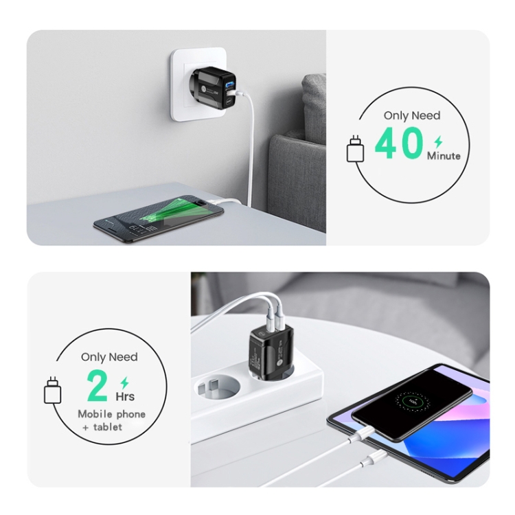 PD25W USB-C / Type-C + QC3.0 USB Dual Ports Fast Charger with USB to Type-C Data Cable, EU Plug, EU Plug + USB to Type-C Cable 4 PD25W USB-C / Type-C + QC3.0 USB Dual Ports Fast Charger with USB to Type-C Data Cable, EU Plug, EU Plug + USB to Type-C Cable - Image 4