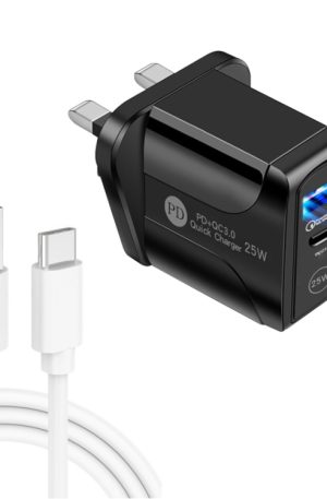 PD25W USB-C / Type-C + QC3.0 USB Dual Ports Fast Charger with USB to Type-C Data Cable, UK Plug, UK Plug + USB to Type-C Cable