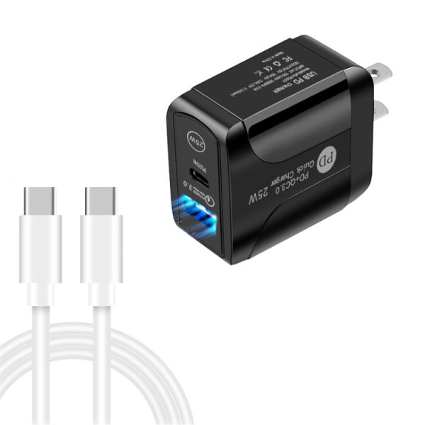 SYA001685701B-1.jpg PD25W USB-C / Type-C + QC3.0 USB Dual Ports Fast Charger with USB-C to USB-C Data Cable, US Plug, US Plug + USB-C to USB-C Cable