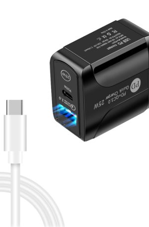 PD25W USB-C / Type-C + QC3.0 USB Dual Ports Fast Charger with USB-C to USB-C Data Cable, US Plug, US Plug + USB-C to USB-C Cable