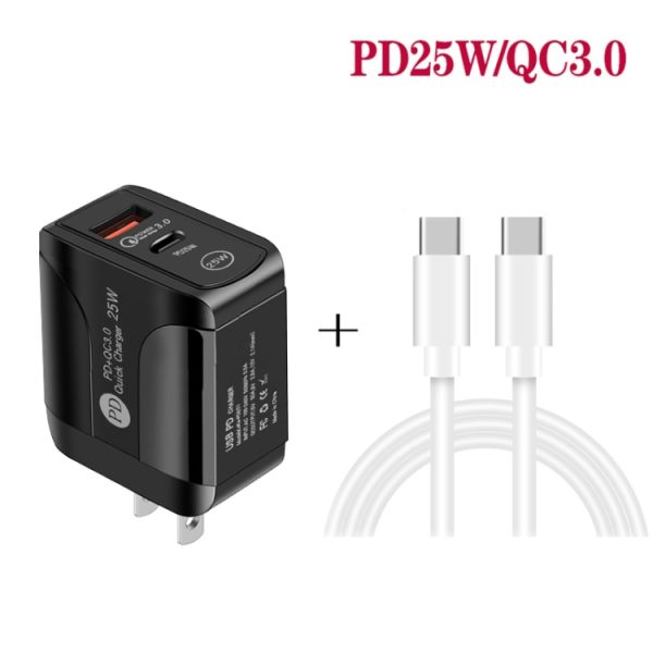SYA001685701_B2.jpg PD25W USB-C / Type-C + QC3.0 USB Dual Ports Fast Charger with USB-C to USB-C Data Cable, US Plug, US Plug + USB-C to USB-C Cable