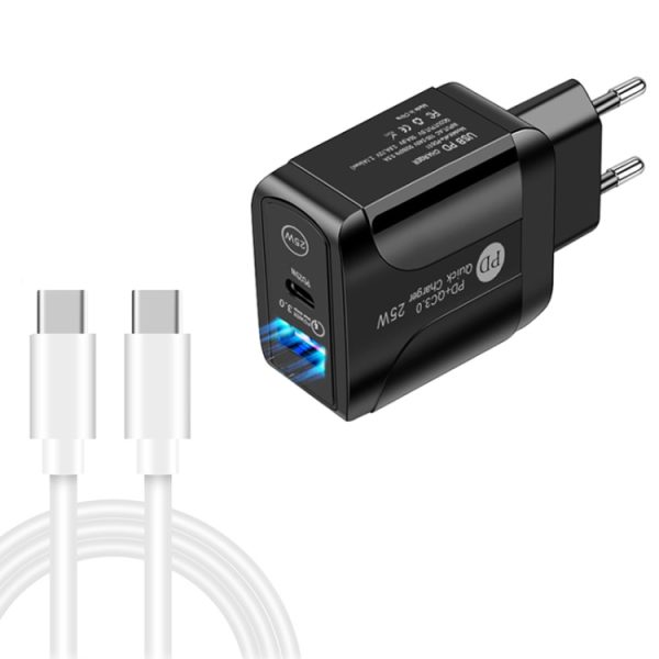 SYA001685801B-1.jpg PD25W USB-C / Type-C + QC3.0 USB Dual Ports Fast Charger with USB-C to USB-C Data Cable, EU Plug, EU Plug + USB-C to USB-C Cable