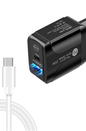 PD25W USB-C / Type-C + QC3.0 USB Dual Ports Fast Charger with USB-C to USB-C Data Cable, EU Plug, EU Plug + USB-C to USB-C Cable