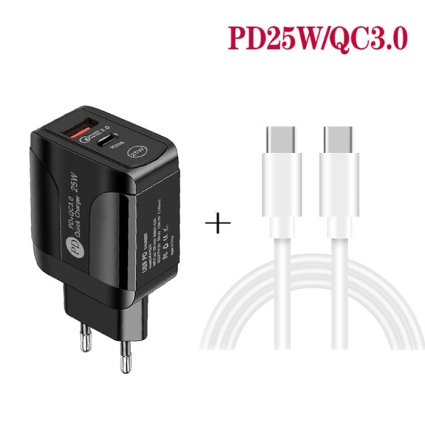 SYA001685801_B2.jpg PD25W USB-C / Type-C + QC3.0 USB Dual Ports Fast Charger with USB-C to USB-C Data Cable, EU Plug, EU Plug + USB-C to USB-C Cable
