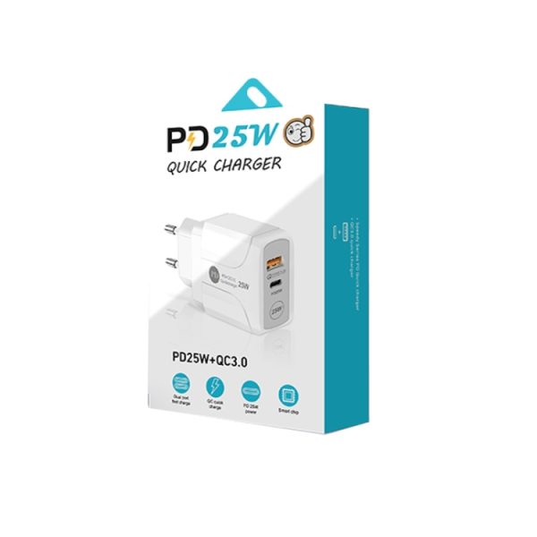 SYA001685801_B6.jpg PD25W USB-C / Type-C + QC3.0 USB Dual Ports Fast Charger with USB-C to USB-C Data Cable, EU Plug, EU Plug + USB-C to USB-C Cable