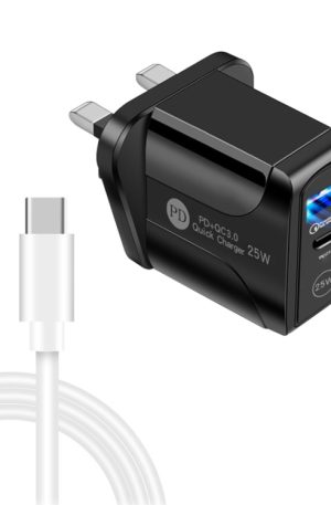PD25W USB-C / Type-C + QC3.0 USB Dual Ports Fast Charger with USB-C to USB-C Data Cable, UK Plug, UK Plug + USB-C to USB-C Cable