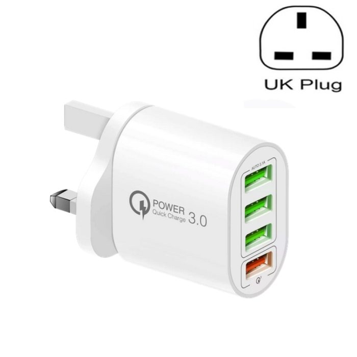 QC-04 QC3.0 + 3 x USB 2.0 Multi-ports Charger for Mobile Phone Tablet, UK Plug, UK Plug