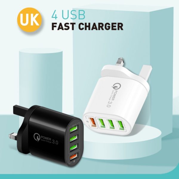 SYA001689801_B2.jpg QC-04 QC3.0 + 3 x USB 2.0 Multi-ports Charger for Mobile Phone Tablet, UK Plug, UK Plug