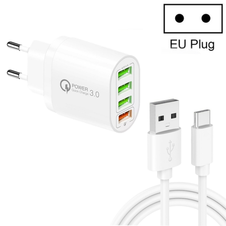 QC-04 QC3.0 + 3 x USB2.0 Multi-ports Charger with 3A USB to Type-C Data Cable, EU Plug, EU Plug + Type-C Cable 1 QC-04 QC3.0 + 3 x USB2.0 Multi-ports Charger with 3A USB to Type-C Data Cable, EU Plug, EU Plug + Type-C Cable