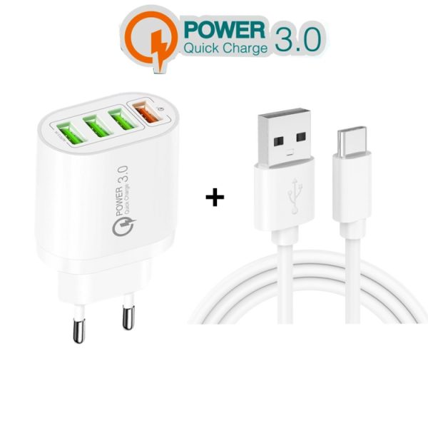 SYA001690101_B2.jpg QC-04 QC3.0 + 3 x USB2.0 Multi-ports Charger with 3A USB to Type-C Data Cable, EU Plug, EU Plug + Type-C Cable