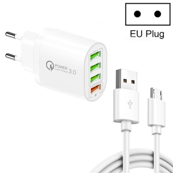 SYA001691801A-1.jpg QC-04 QC3.0 + 3 x USB2.0 Multi-ports Charger with 3A USB to Micro USB Data Cable, EU Plug, EU Plug + Micro USB Cable