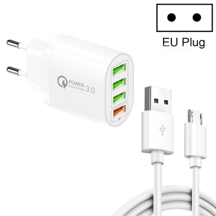 QC-04 QC3.0 + 3 x USB2.0 Multi-ports Charger with 3A USB to Micro USB Data Cable, EU Plug, EU Plug + Micro USB Cable 1 QC-04 QC3.0 + 3 x USB2.0 Multi-ports Charger with 3A USB to Micro USB Data Cable, EU Plug, EU Plug + Micro USB Cable