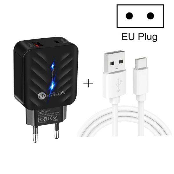 SYA001722601_B2.jpg PD03 20W PD3.0 + QC3.0 USB Charger with USB to Type-C Data Cable, EU Plug, EU Plug, EU Plug + USB to Type-C Cable