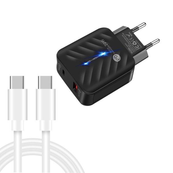 SYA001727801A-1.jpg PD03 20W PD3.0 + QC3.0 USB Charger with Type-C to Type-C Data Cable, EU Plug, EU Plug + Type-C to Type-C Cable