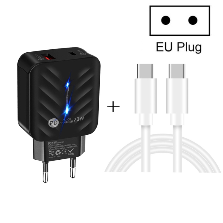 PD03 20W PD3.0 + QC3.0 USB Charger with Type-C to Type-C Data Cable, EU Plug, EU Plug + Type-C to Type-C Cable 3 PD03 20W PD3.0 + QC3.0 USB Charger with Type-C to Type-C Data Cable, EU Plug, EU Plug + Type-C to Type-C Cable - Image 3