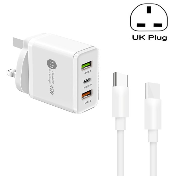 45W PD3.0 + 2 x QC3.0 USB Multi Port Charger with Type-C to Type-C Cable, UK Plug, UK Plug + Type-C to Type-C Cable