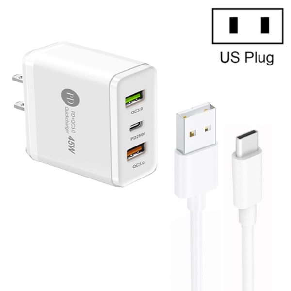 SYA001933501A-1.jpg 45W PD25W + 2 x QC3.0 USB Multi Port Charger with USB to Type-C Cable, US Plug, US Plug + USB to Type-C Cable