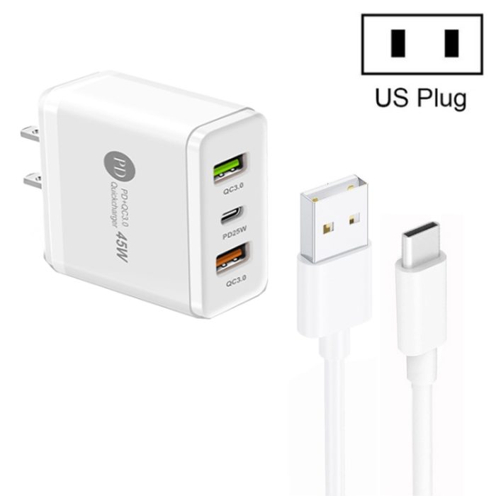 45W PD25W + 2 x QC3.0 USB Multi Port Charger with USB to Type-C Cable, US Plug, US Plug + USB to Type-C Cable