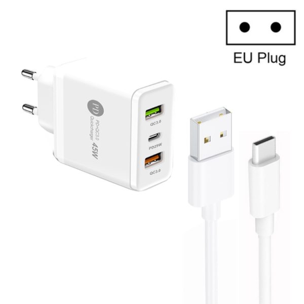 SYA001933601A-1.jpg 45W PD25W + 2 x QC3.0 USB Multi Port Charger with USB to Type-C Cable, EU Plug, EU Plug + USB to Type-C Cable