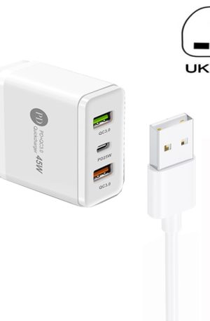45W PD25W + 2 x QC3.0 USB Multi Port Charger with USB to Type-C Cable, UK Plug, UK Plug + USB to Type-C Cable