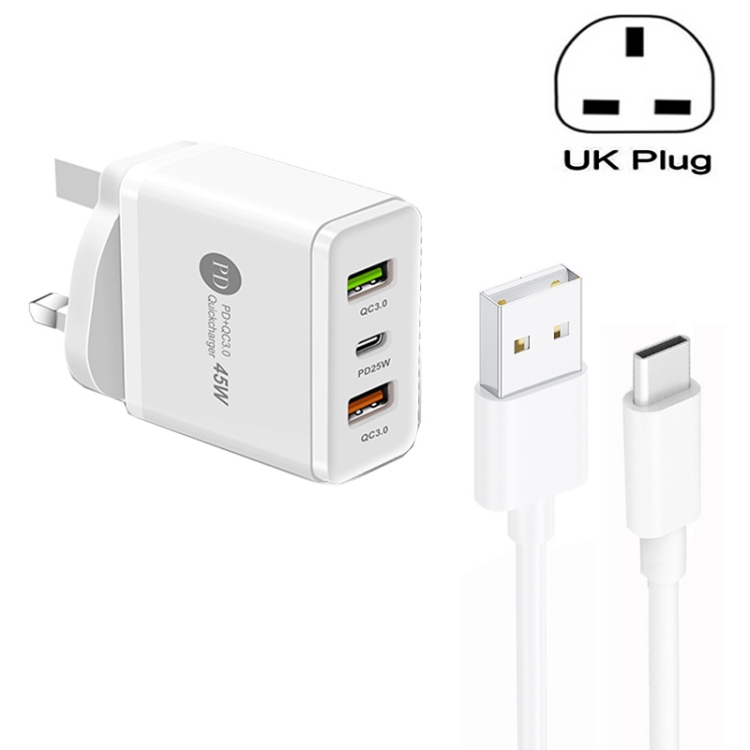 45W PD25W + 2 x QC3.0 USB Multi Port Charger with USB to Type-C Cable, UK Plug, UK Plug + USB to Type-C Cable 1 45W PD25W + 2 x QC3.0 USB Multi Port Charger with USB to Type-C Cable, UK Plug, UK Plug + USB to Type-C Cable