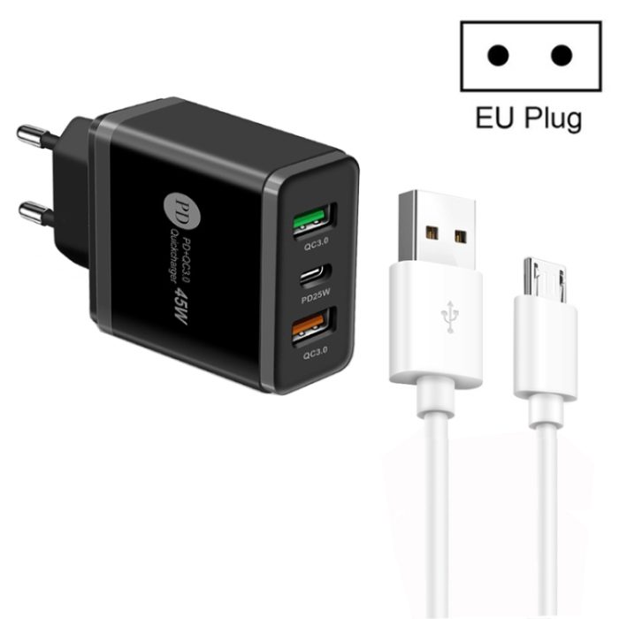 45W PD25W + 2 x QC3.0 USB Multi Port Charger with USB to Micro USB Cable, EU Plug, EU Plug + USB to Micro USB Cable