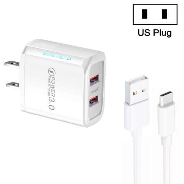 SYA001967801A-1.jpg 36W Dual Port QC3.0 USB Charger with 3A USB to Type-C Data Cable, US Plug, US Plug + USB to Type-C Cable