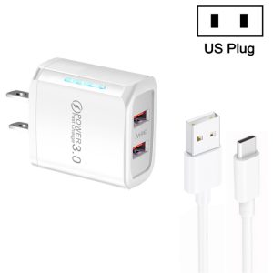 36W Dual Port QC3.0 USB Charger with 3A USB to Type-C Data Cable, US Plug, US Plug + USB to Type-C Cable
