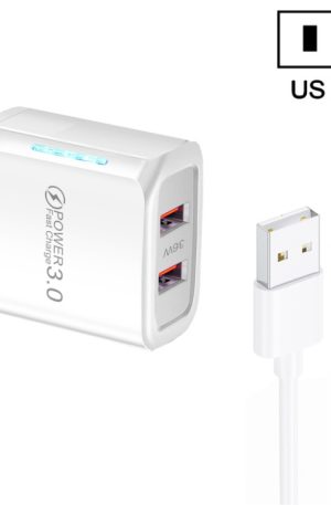 36W Dual Port QC3.0 USB Charger with 3A USB to Type-C Data Cable, US Plug, US Plug + USB to Type-C Cable