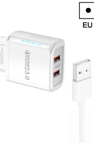 36W Dual Port QC3.0 USB Charger with 3A USB to Type-C Data Cable , EU Plug, EU Plug + USB to Type-C Cable