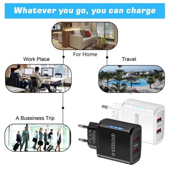 36W Dual Port QC3.0 USB Charger with 3A USB to Type-C Data Cable , EU Plug, EU Plug + USB to Type-C Cable