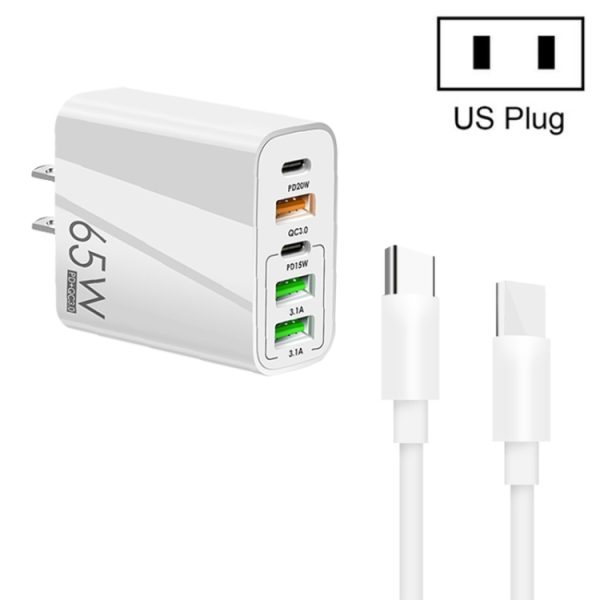SYA001973801A-1.jpg 65W Dual PD Type-C + 3 x USB Multi Port Charger with 3A Type-C to Type-C Data Cable, US Plug, US Plug + Type-C to Type-C Cable