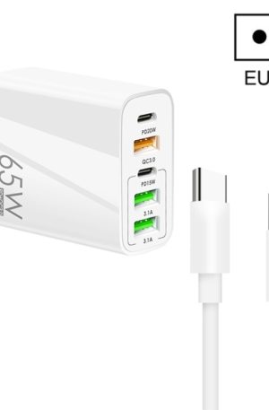 65W Dual PD Type-C + 3 x USB Multi Port Charger with 3A Type-C to Type-C Data Cable, US Plug, EU Plug + Type-C to Type-C Cable
