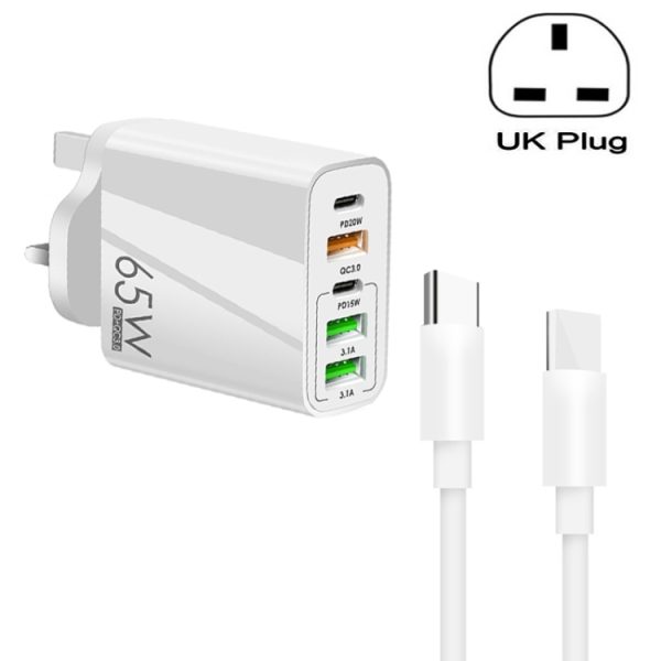 SYA001975101A-1.jpg 65W Dual PD Type-C + 3 x USB Multi Port Charger with 3A Type-C to Type-C Data Cable, UK Plug, UK Plug + Type-C to Type-C Cable