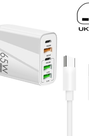 65W Dual PD Type-C + 3 x USB Multi Port Charger with 3A Type-C to Type-C Data Cable, UK Plug, UK Plug + Type-C to Type-C Cable