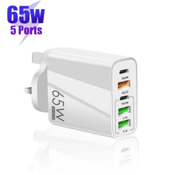 SYA001975101A_1.jpg 65W Dual PD Type-C + 3 x USB Multi Port Charger with 3A Type-C to Type-C Data Cable, UK Plug, UK Plug + Type-C to Type-C Cable