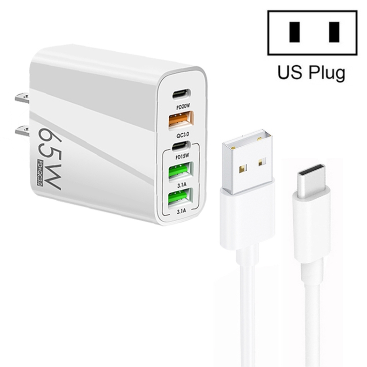 65W Dual PD Type-C + 3 x USB Multi Port Charger with 3A USB to Type-C Data Cable, US Plug, US Plug + USB to Type-C Cable 1 65W Dual PD Type-C + 3 x USB Multi Port Charger with 3A USB to Type-C Data Cable, US Plug, US Plug + USB to Type-C Cable