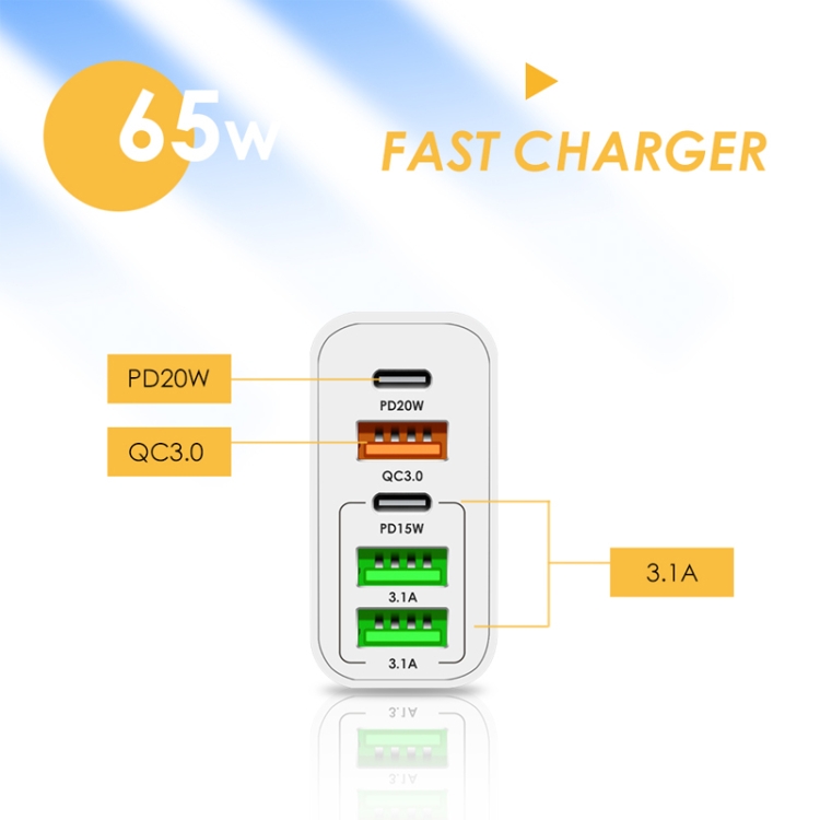 65W Dual PD Type-C + 3 x USB Multi Port Charger with 3A USB to Type-C Data Cable, US Plug, US Plug + USB to Type-C Cable 4 65W Dual PD Type-C + 3 x USB Multi Port Charger with 3A USB to Type-C Data Cable, US Plug, US Plug + USB to Type-C Cable - Image 4