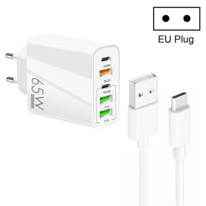 65W Dual PD Type-C + 3 x USB Multi Port Charger with 3A USB to Type-C Data Cable, EU Plug, EU Plug + USB to Type-C Cable