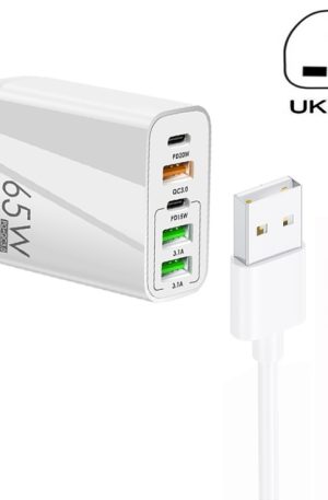 65W Dual PD Type-C + 3 x USB Multi Port Charger with 3A USB to Type-C Data Cable, UK Plug, UK Plug + USB to Type-C Cable
